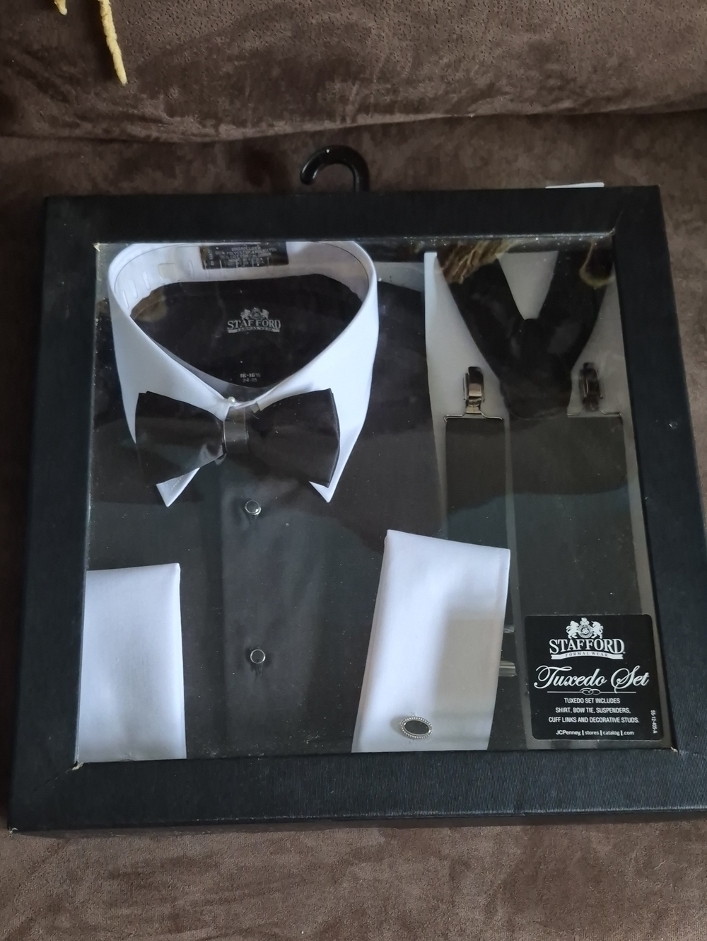 Stafford Black Tuxedo Shirt Set with White Collar, Cuffs, Bow Tie and Suspenders